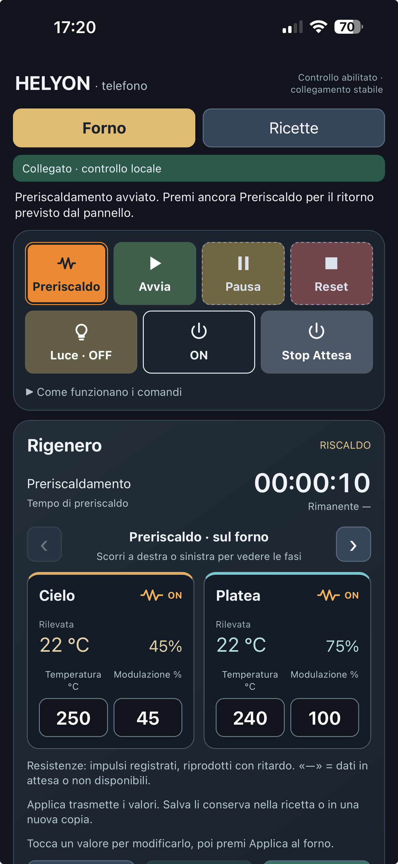 Interfaccia HELYON sul telefono: comandi, temperature rilevate e modulazione di cielo e platea